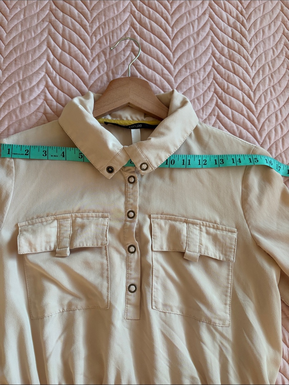 Kensie Utility Safari Shirt Dress Beige Neon Trim Roll Tab Sleeves Size S - Picture 12 of 14